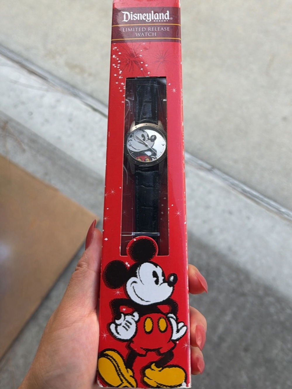 Disney Mickey Mouse Black Leather Strap Watch with Gold-Tone Case